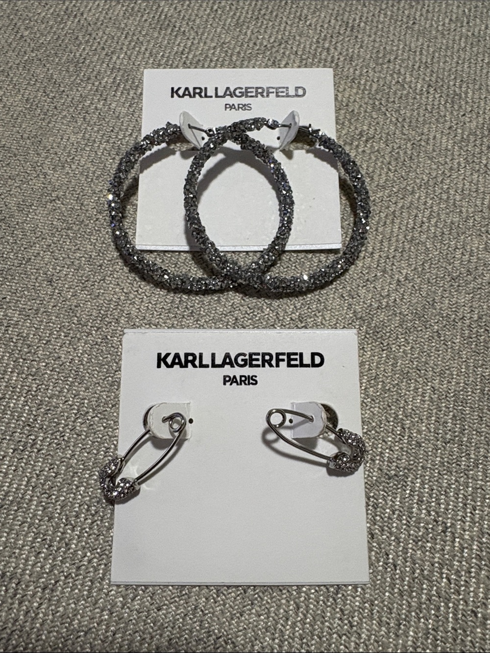 Karl Lagerfeld Silver Sparkling Hoops & Rhinestone Safety Pin Earrings $70